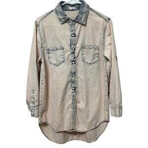 En Creme Women’s Shirt Sz Small Distressed Denim Snaps H/L Roll Tab